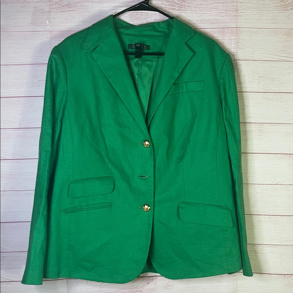 Lauren Ralph Lauren Green 100% Linen Blazer Jacket Size 14W